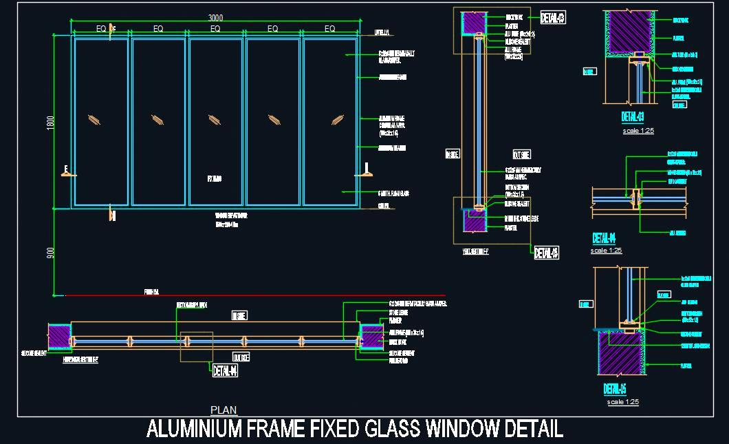 Aluminium Frame Window DWG- Plan, Elevation, & Joinery Details